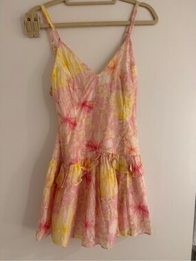 LoveShackFancy Pink Yellow Floral Ruffle Mini Dress Size 2